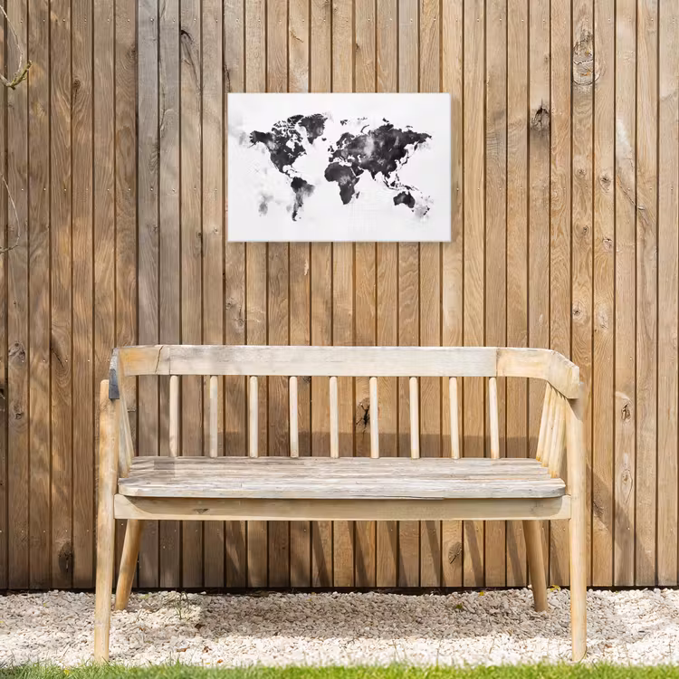 Wereldkaart - Inkt - Zwart Tuinposter op houten frame 2 cm dik klein -sfeer4