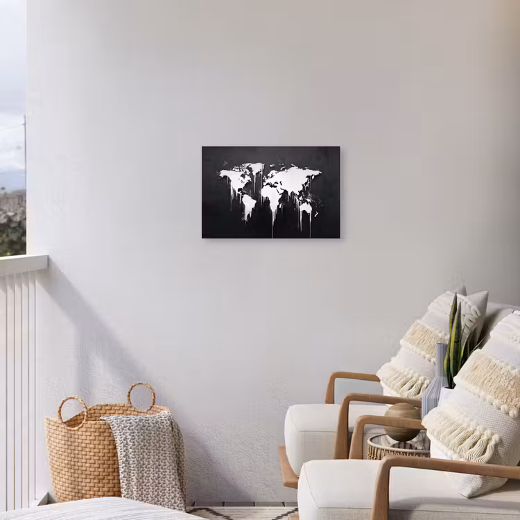 Wereldkaart - Inkt - Wit Tuinposter op houten frame 2 cm dik klein -sfeer1