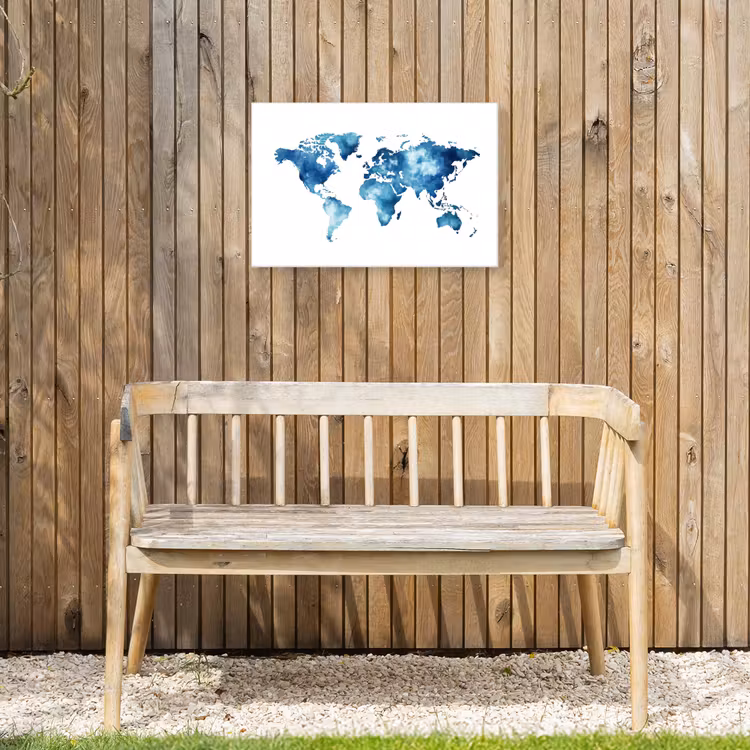 Wereldkaart - Inktwolken - Blauw Tuinposter op houten frame 2 cm dik klein -sfeer4