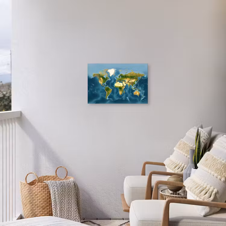 Wereldkaart - Topografisch reliëf Tuinposter op houten frame 2 cm dik klein -sfeer1