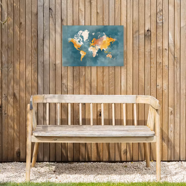 Wereldkaart - Verweerd - Blauw Tuinposter op houten frame 2 cm dik klein -sfeer4