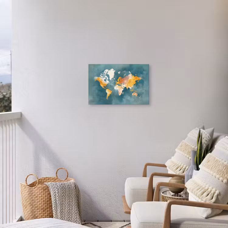 Wereldkaart - Verweerd - Blauw Tuinposter op houten frame 2 cm dik klein -sfeer1