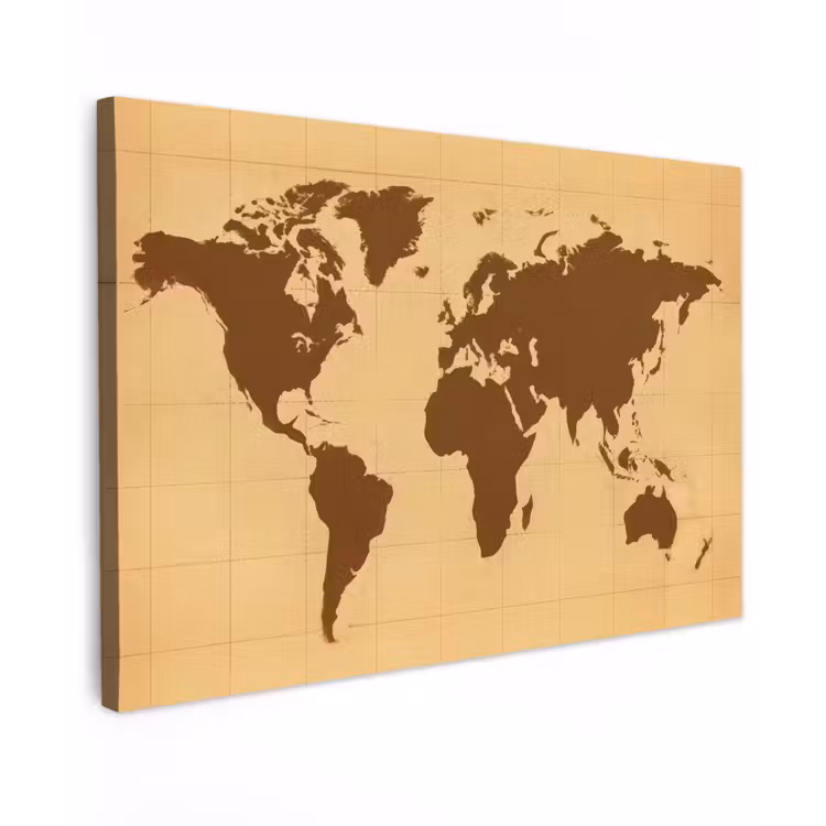 Wereldkaart - Verweerd raster - Bruin Tuinposter op houten frame 2 cm dik klein -3d