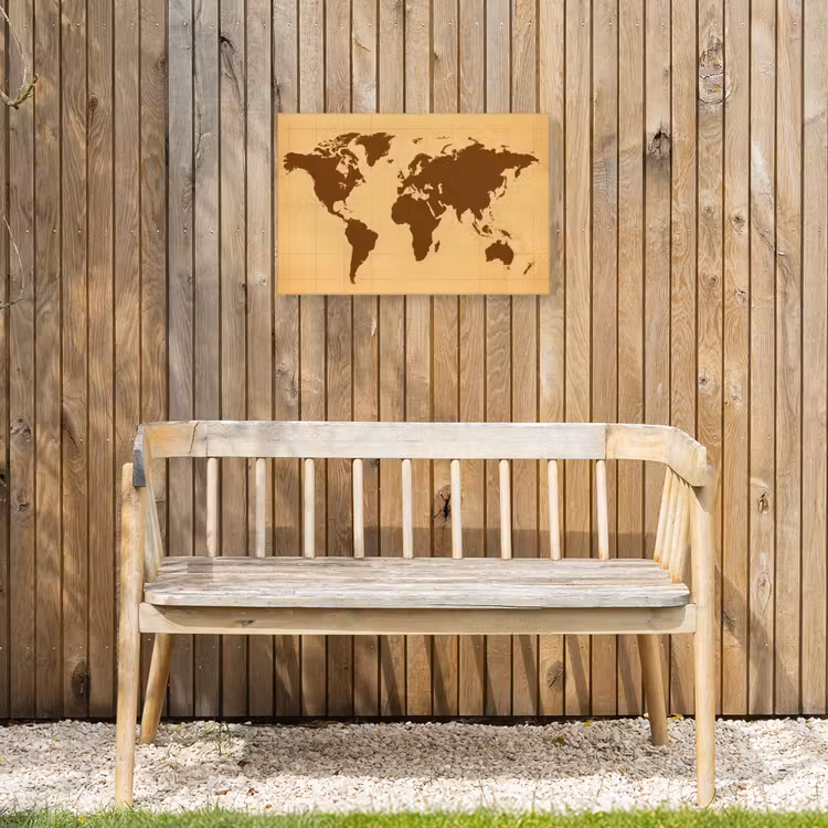 Wereldkaart - Verweerd raster - Bruin Tuinposter op houten frame 2 cm dik klein -sfeer4