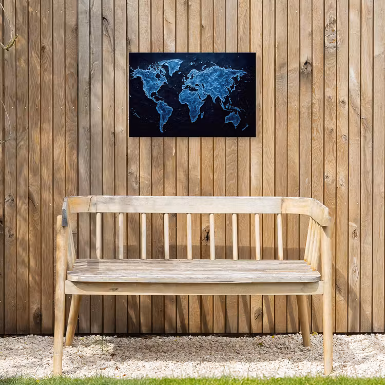Wereldkaart - Waterstructuur - Blauw Tuinposter op houten frame 2 cm dik klein -sfeer4