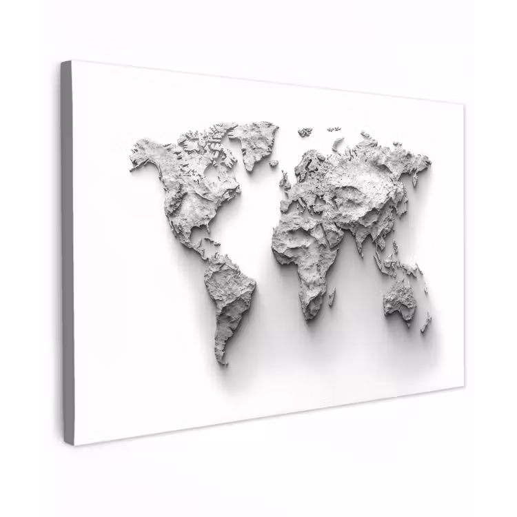 Wereldkaart - Wit - Betonstructuur Tuinposter op houten frame 2 cm dik klein -3d