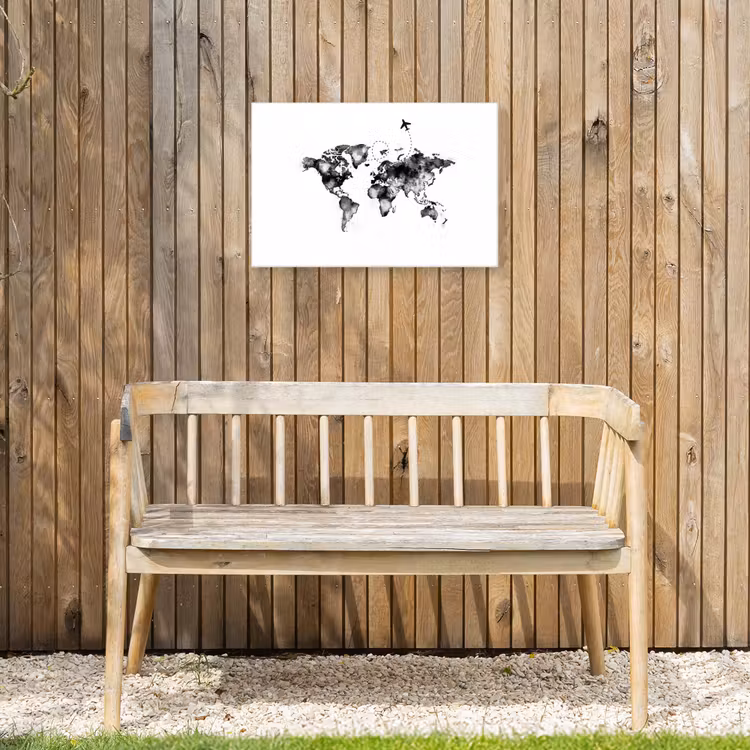 Wereldkaart - Wereldreis - Inkt Tuinposter op houten frame 2 cm dik klein -sfeer4