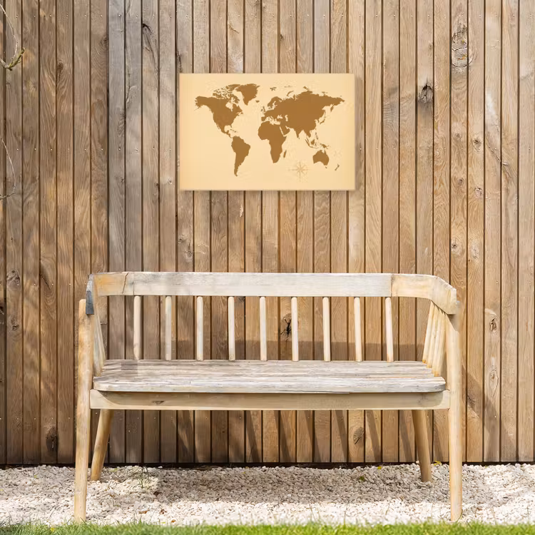 Wereldkaart -Windroos - Bruin Tuinposter op houten frame 2 cm dik klein -sfeer4