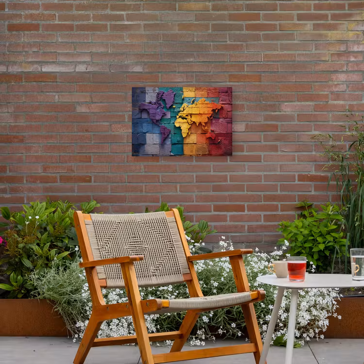 Wereldkaart - Bakstenen - Regenboog Tuinposter op houten frame 2 cm dik klein -sfeer3