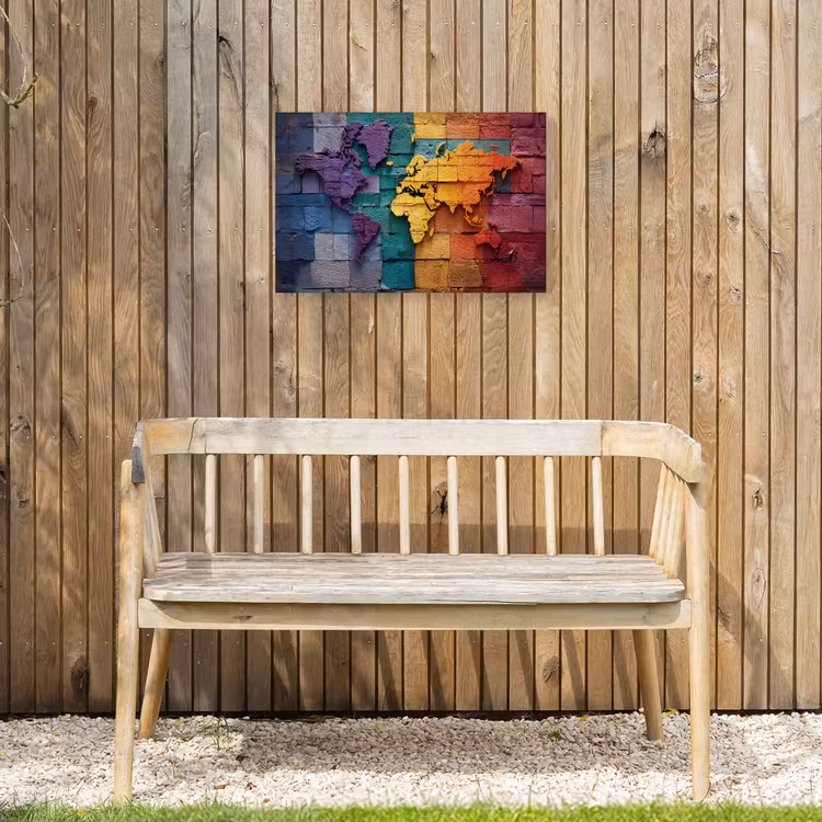 Wereldkaart - Bakstenen - Regenboog Tuinposter op houten frame 2 cm dik klein -sfeer4