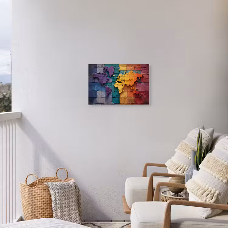 Wereldkaart - Bakstenen - Regenboog Tuinposter op houten frame 2 cm dik klein -sfeer1