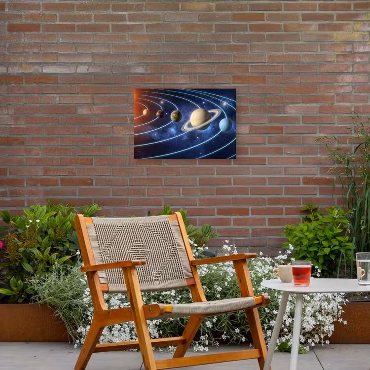 Ruimte - Zonnestelsel - Blauw Tuinposter op houten frame 2 cm dik klein -sfeer3