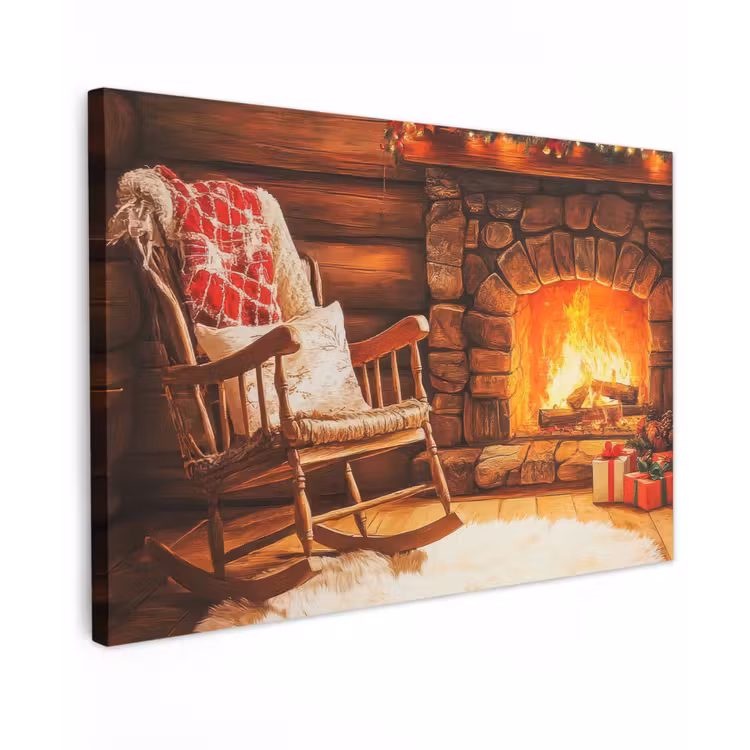 Winter - Kerst - Huis - Openhaard Tuinposter op houten frame 2 cm dik klein -3d