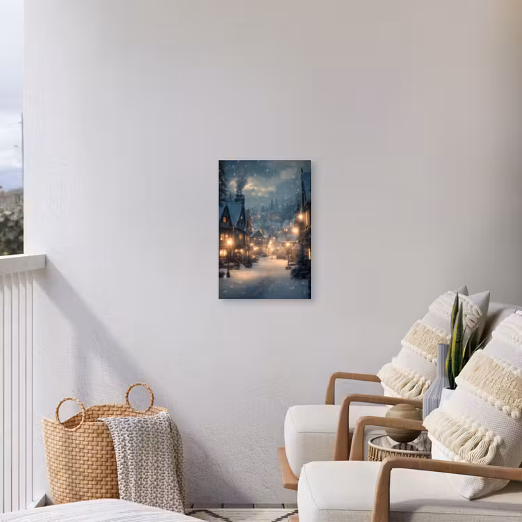 Winterdorp - Sneeuw - Donker Tuinposter op houten frame 2 cm dik klein -sfeer1