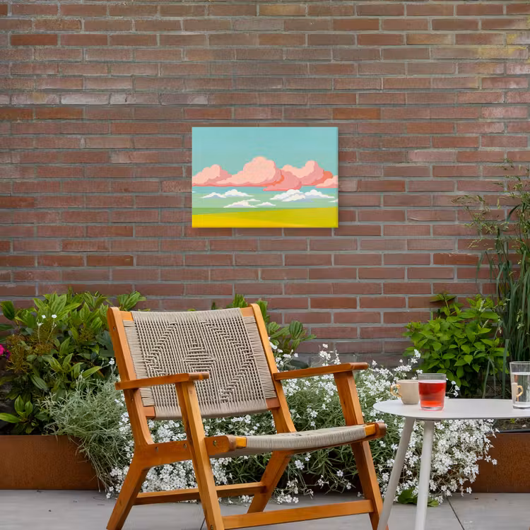 Wolken - Roze - Natuur - Modern - Pastel Tuinposter op houten frame 2 cm dik klein -sfeer3