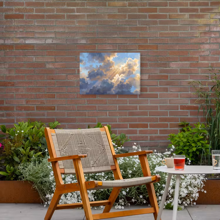 Wolken - Zonnestralen - Natuur - Abstract - Blauw Tuinposter op houten frame 2 cm dik klein -sfeer3
