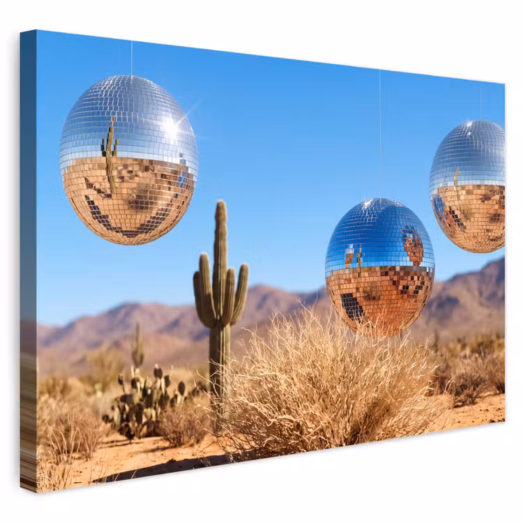 Outdoor Leinwand - Wüste – Spiegelkugel – Kunst - Woestijn - Spiegelbal - Kunst Tuinposter op houten frame 2 cm dik klein