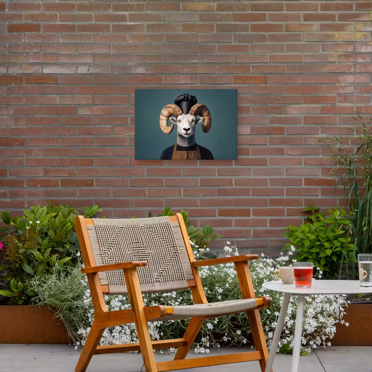 Geit - Hoorns - Kokskleding Tuinposter op houten frame 2 cm dik klein -sfeer3