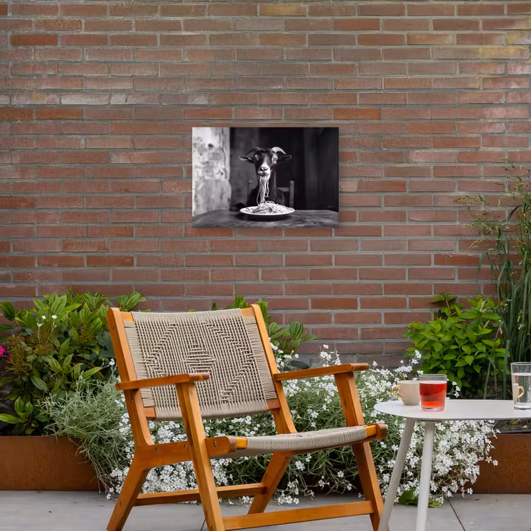 Geit - Bord - Spaghetti - Zwart Wit Tuinposter op houten frame 2 cm dik klein -sfeer3