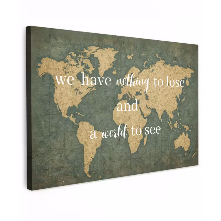 Quote - Vintage - Wereldkaart - Oud Tuinposter op houten frame 2 cm dik klein -3d