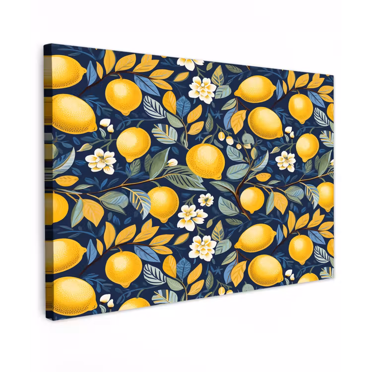 Citroenen - Bloemen - Bladeren - Blauw Tuinposter op houten frame 2 cm dik klein 845 -3d