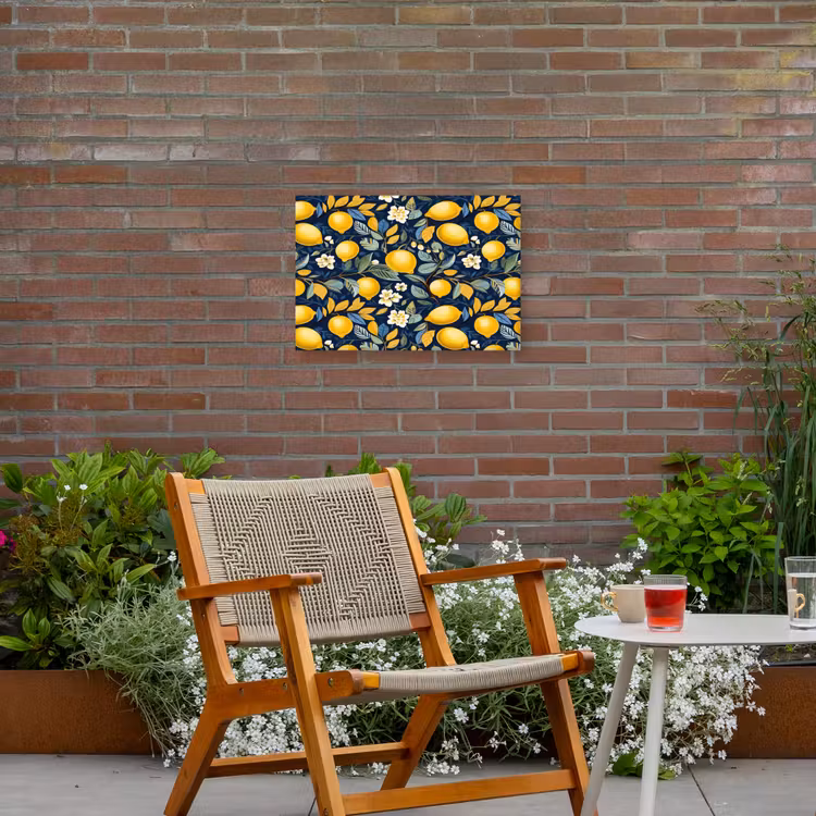 Citroenen - Bloemen - Bladeren - Blauw Tuinposter op houten frame 2 cm dik klein 845 -sfeer3