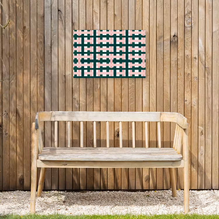 Vlechtpatroon - Groen - Roze - Grafisch Tuinposter op houten frame 2 cm dik klein 845 -sfeer4