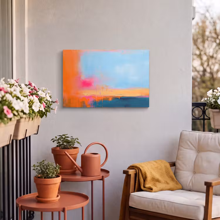 Abstract - Kleurvlakken - Modern - Oranje - Blauw Tuinposter op houten frame 2 cm dik klein -sfeer1