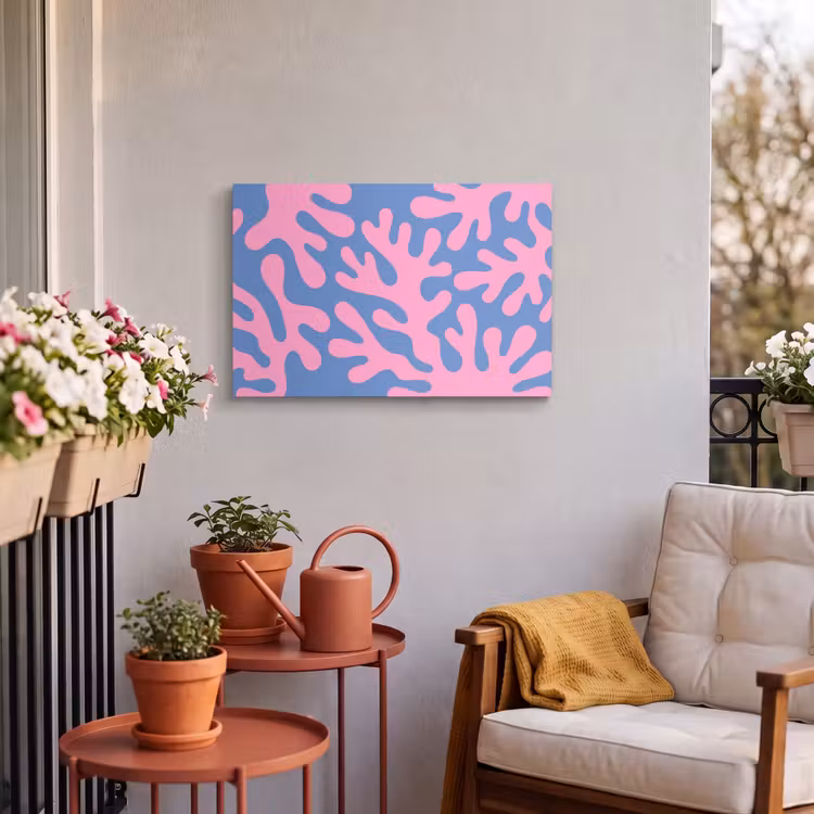 Abstract - Vormen - Roze - Blauw Tuinposter op houten frame 2 cm dik klein -sfeer1