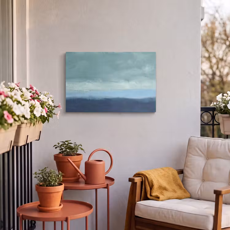 Abstract - Lagen - Rust - Modern - Blauw Tuinposter op houten frame 2 cm dik klein -sfeer1