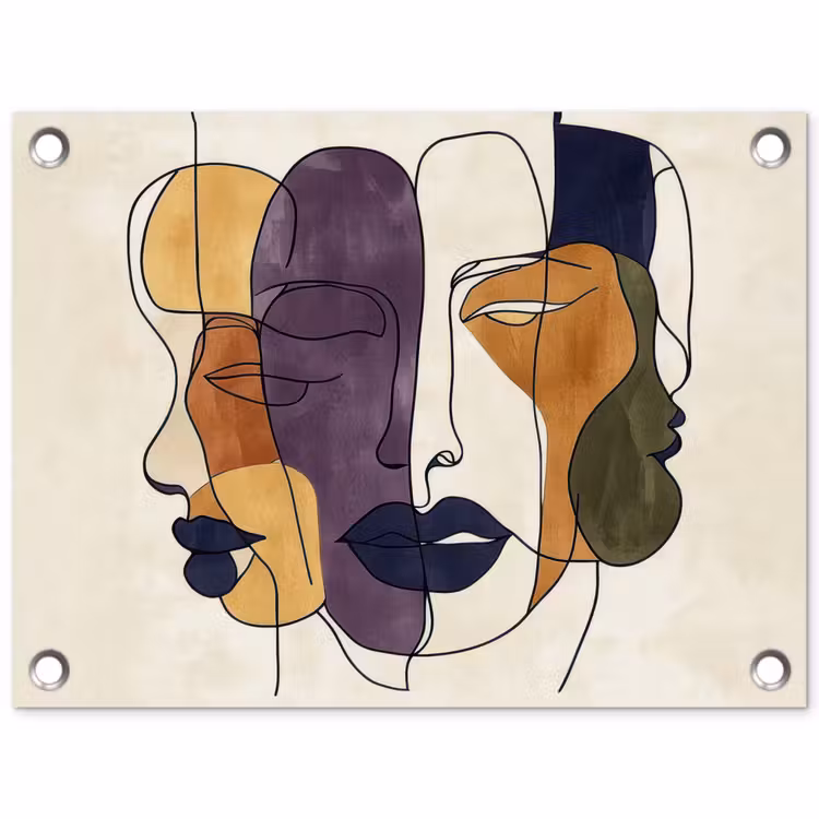 Abstract - Overlappende gezichten - Paars - Donkergroen tuinposter los doek klein -3d