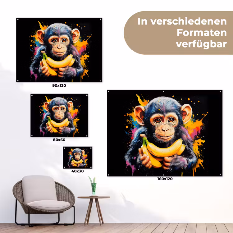 Aap - Graffiti - Kleurrijk - Bananen - Modern tuinposter los doek klein -Xsfeer9_DE