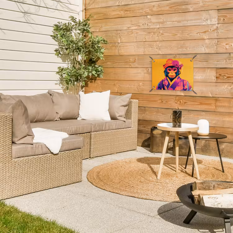 Aap - Kimono - Bloemen - Hoofdtooi tuinposter los doek klein -sfeer4