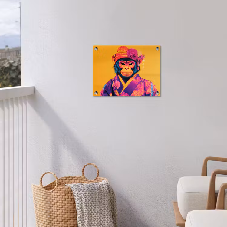 Aap - Kimono - Bloemen - Hoofdtooi tuinposter los doek klein -sfeer8