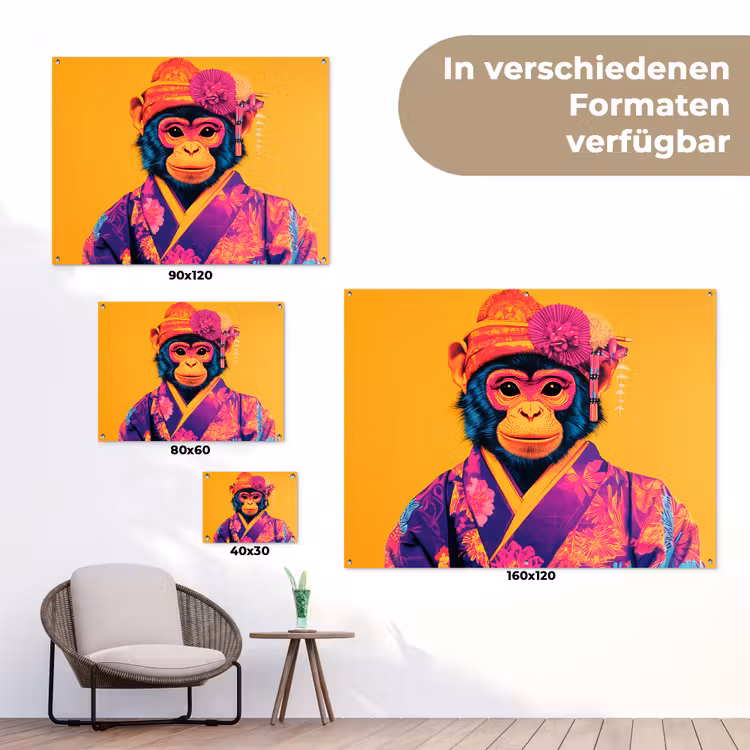 Aap - Kimono - Bloemen - Hoofdtooi tuinposter los doek klein -Xsfeer9_DE
