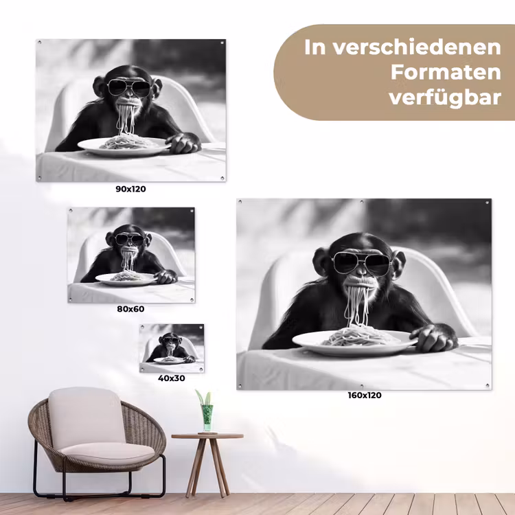 Aap - Spaghetti - Zonnebril - Zwart wit - Cool - Dier tuinposter los doek klein -Xsfeer9_DE