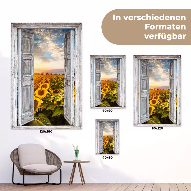 Oude deuren naar zonnebloemveld tuinposter los doek klein -Xsfeer9_DE