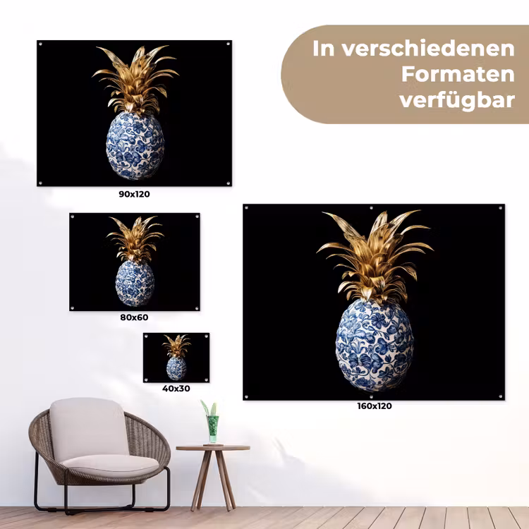 Ananas - Bloemen patroon - Goud - Delftsblauw tuinposter los doek klein -Xsfeer9_DE