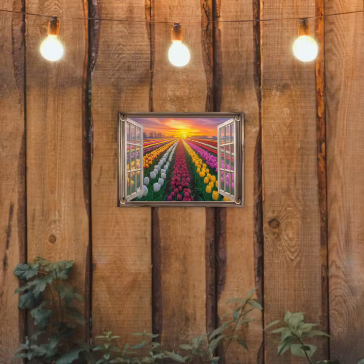 Doorkijk - Bloemen - Tulpen - Kleurrijk - Zonsondergang tuinposter los doek klein -sfeer1