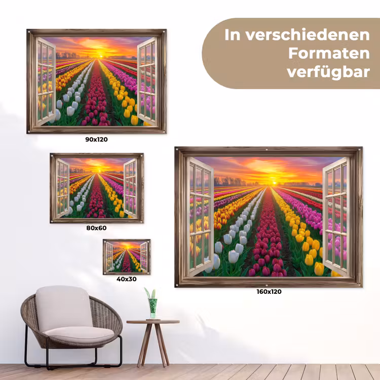 Doorkijk - Bloemen - Tulpen - Kleurrijk - Zonsondergang tuinposter los doek klein -Xsfeer9_DE