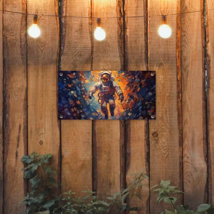 Astronaut - Neon - Oranje - Ruimte tuinposter los doek klein -sfeer1