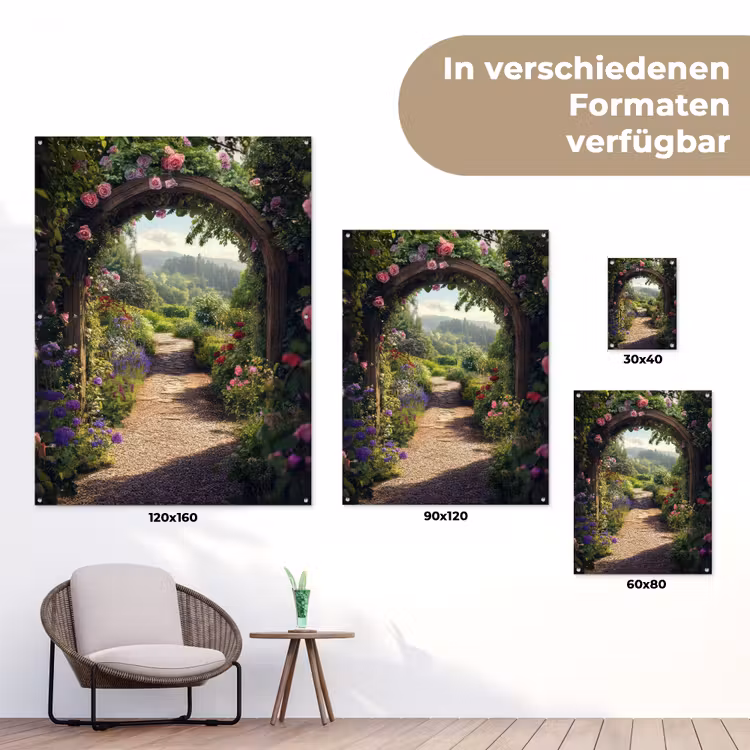 Doorkijk - Landschap - Bloemen - Rozenboog - Natuur tuinposter los doek klein -Xsfeer9_DE
