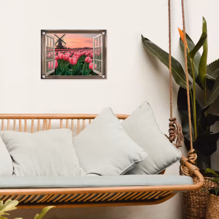 Doorkijk - Tulpen - Bloemen - Molen - Raam tuinposter los doek klein -sfeer7