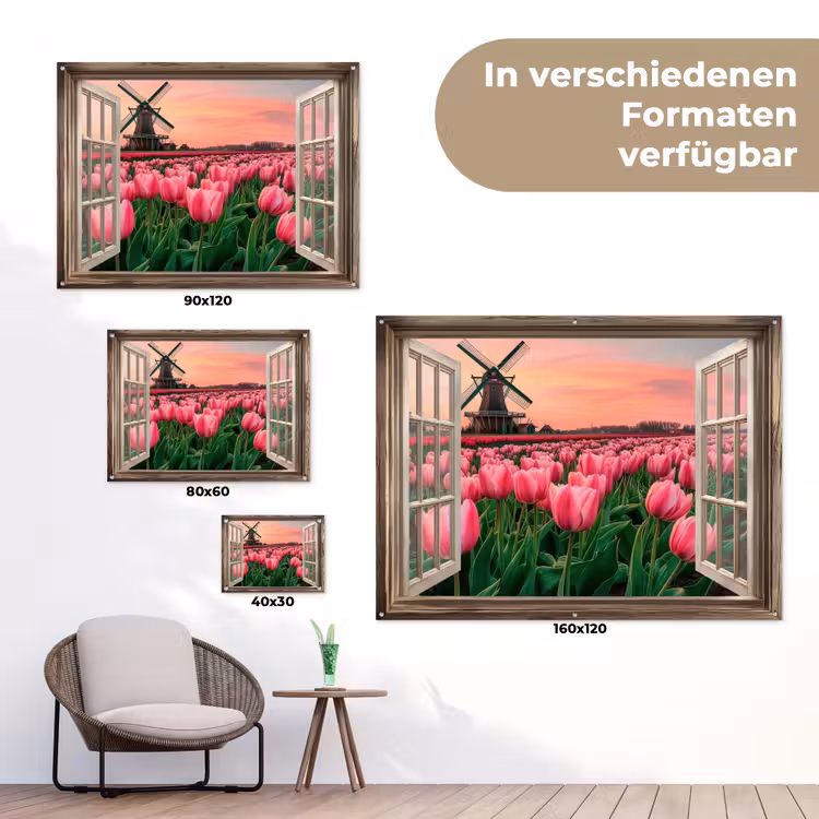 Doorkijk - Tulpen - Bloemen - Molen - Raam tuinposter los doek klein -Xsfeer9_DE