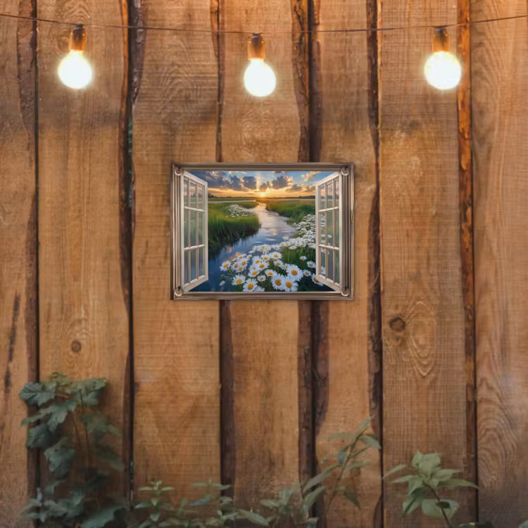 Doorkijk - Landschap - Raam - Water - Zonsondergang tuinposter los doek klein -sfeer1