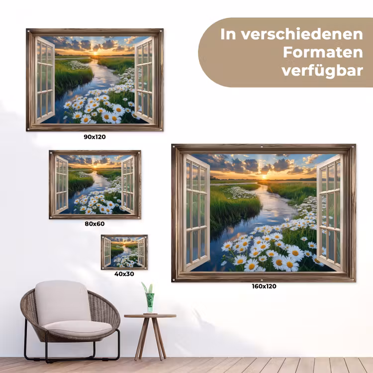 Doorkijk - Landschap - Raam - Water - Zonsondergang tuinposter los doek klein -Xsfeer9_DE