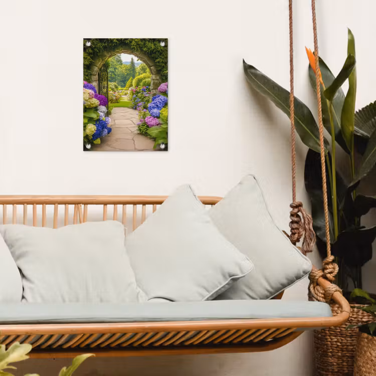 Doorkijk - Poort - Hortensia - Bloementuin tuinposter los doek klein -sfeer7