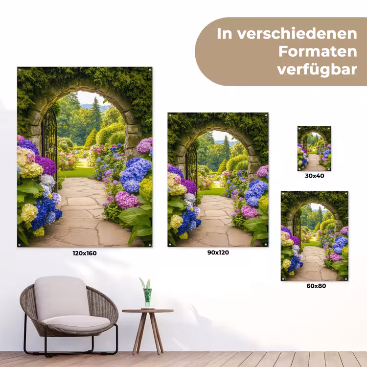 Doorkijk - Poort - Hortensia - Bloementuin tuinposter los doek klein -Xsfeer9_DE