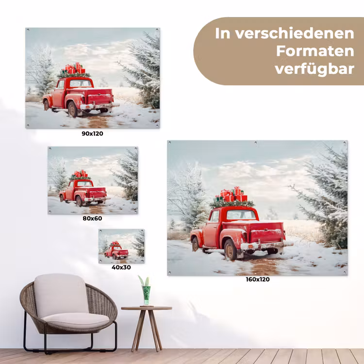 Auto - Rood - Cadeaus - Winter - Sneeuw - Kerst tuinposter los doek klein -Xsfeer9_DE