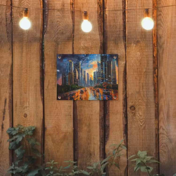 Auto - Skyline - Zon - Blauw tuinposter los doek klein -sfeer1